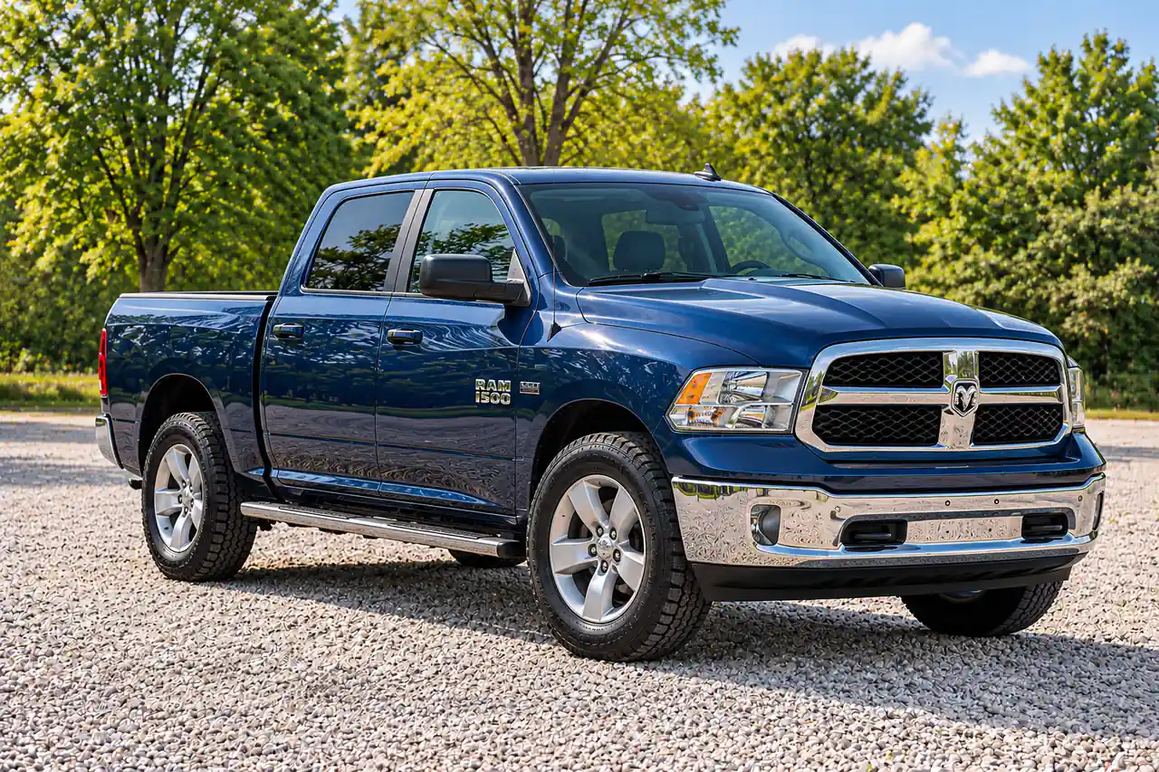Illustrative blue pickup on a dealership lot